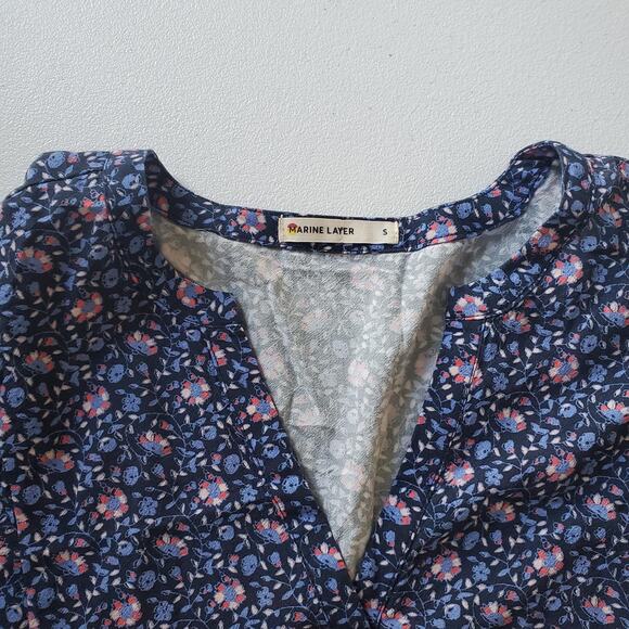 Marine Layer Dress Womens Small Navy Floral Midi V-Neck Puff Sleeve Tiered 16146 - Picture 2 of 10